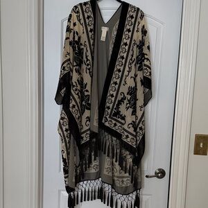 Free People Black and Cream Kimono with Fringe